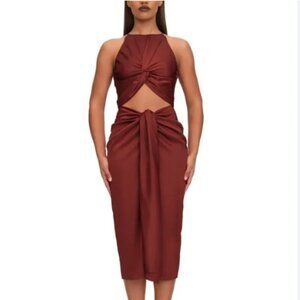 NWT ANDREA IYAMAH RENI SATIN TWIST FRONT CUT OUT MIDI DRESS IN CHOCOLATE BROWN